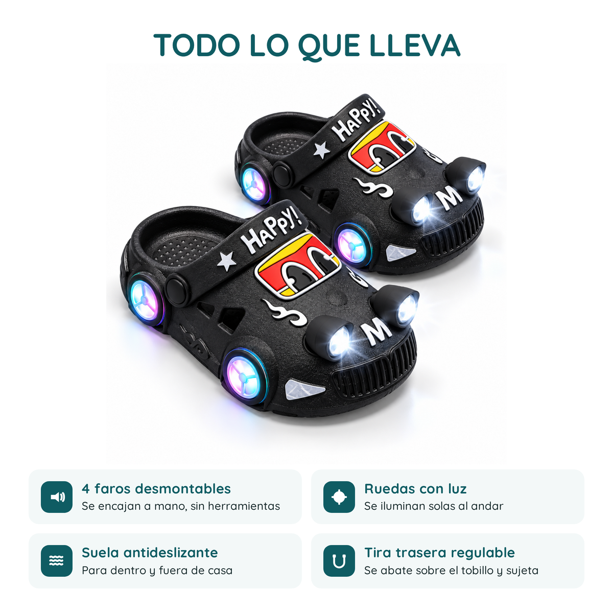 Infografía: todo lo que llevan los zuecos Pielumi — faros LED desmontables, ruedas con luz, suela antideslizante y tira trasera regulable